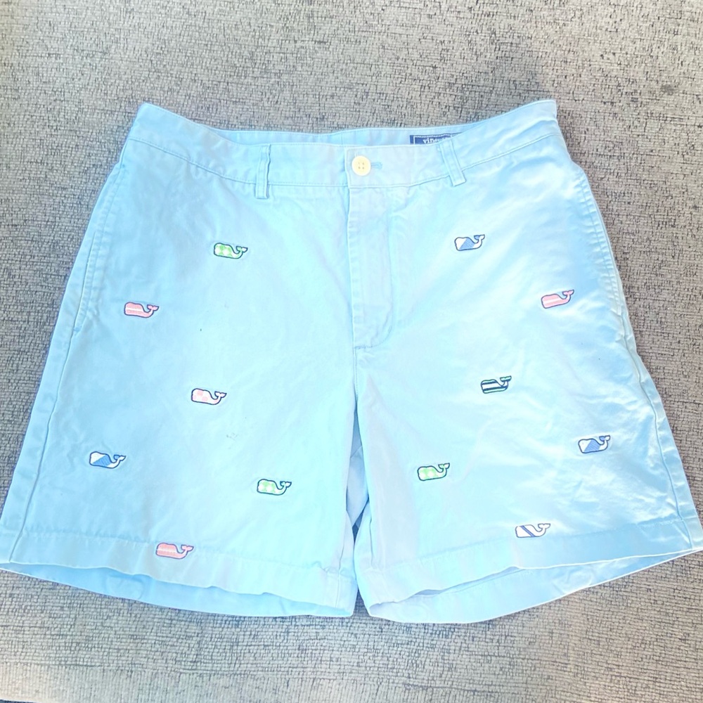 Vineyard Vines Light Blue Cargo Shorts with Whale Embroidery sz33 rare